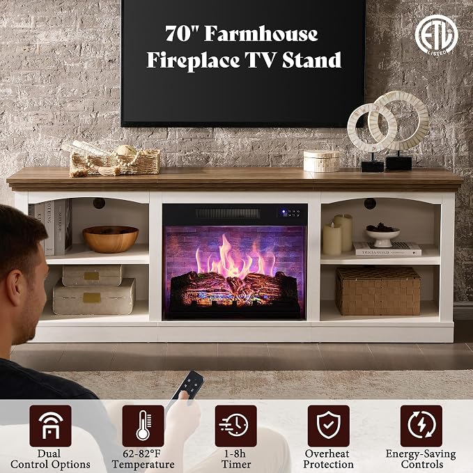 AMERLIFE 70" Farmhouse Fireplace TV Stand for TVs up to 80", Entertainment Center with 23" Fireplace, Open Shelves, One-Box Delivery, Media Console Table for Living Room, Distressed White - Image 2