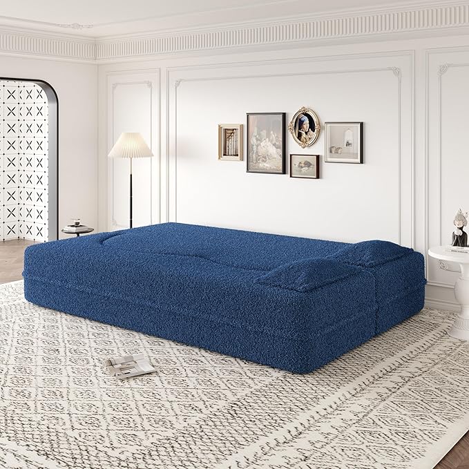 Ball & Cast 78" Floor Sofa Bed with 2 Pillows,Convertible Teddy Fabric Foam-Filled Sleeper Sofa Bed,Pull Out Couch Full Size Folding Mattress for Living Room,Playroom,No Assembly Required,Blue