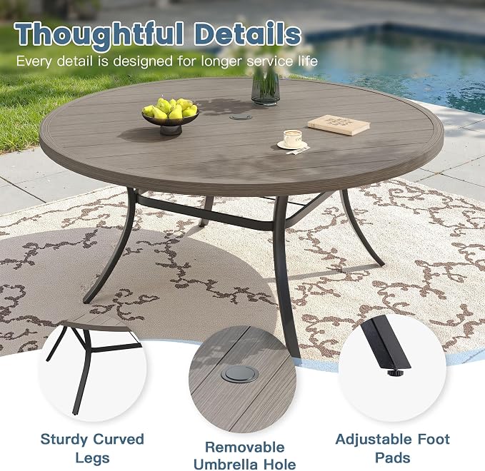 DIFY Patio Dining Set for 10, 11 Piece Outdoor Table and Chairs Set, 63" Grey Wood-Like Round Metal Patio Dining Table and Sandshell Textilene Stackable Patio Chairs, for Backyard Garden Poolside - Image 2