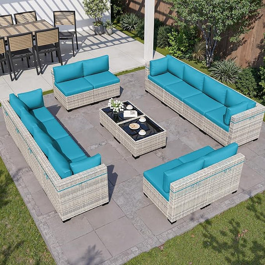 14-Piece Outdoor Patio Furniture Set, PE Wicker Rattan Sectional Sofa Conversation Set with Tempered Glass Table & Thick Cushions - All-Weather Garden, Backyard Furniture, Turquoise