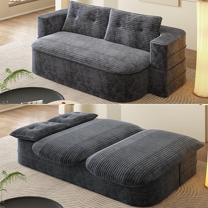 78.7" Convertible Sofa Bed, 2-in-1 Folding Floor Couch with 2 Pillows and Blanket, Plush Corduroy Fabric Sleeper Sofa for Living Room and Bedroom, No Assembly Required (Dark Grey)