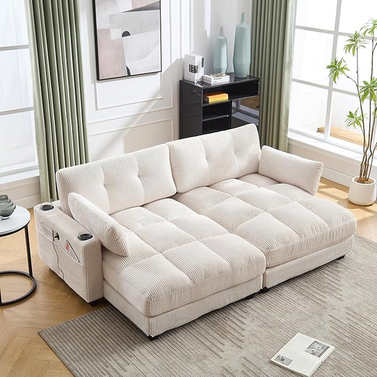 ERYE Oversized Loveseat Sectional Double Lounge Chaise Convertible Sleeper Sofabed, Corduroy Sleeper Loveseat Daybed Indoor Recliner Chair Sofa Bed W/Cupholders & Adjustable Headrests for Living Room