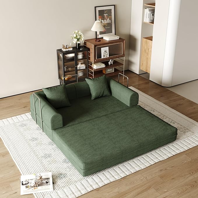 59'' Convertible Compressed Corduroy Folding Cloud Sofa Bed, Modern Boneless Pull Out Loveseat Sleeper in a Box, 4 in 1 Floor Mattress Futon Cloud Couch, No Assembly Needed, Green, 2 Pillows, Queen
