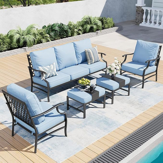 5 Piece Metal Outdoor Patio Furniture Set, Patio Conversation Sets 1 3-seater Sofa, 2 Fixed Chair, 2 Ottomans with 5.75" Thick Cushion, Black All-weather Frame Backyard Furniture, Blue