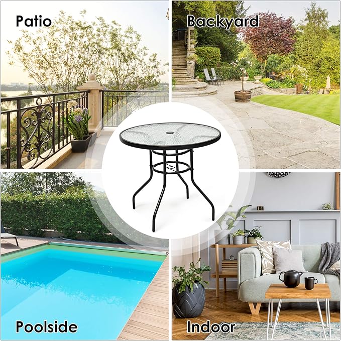 Tangkula 32" Round Outdoor Table with Tempered Glass Top, Patio Dining Table with Umbrella Hole & Metal Frame, Outside Bistro Table for Backyard, Lawn, Deck & Poolside - Image 8