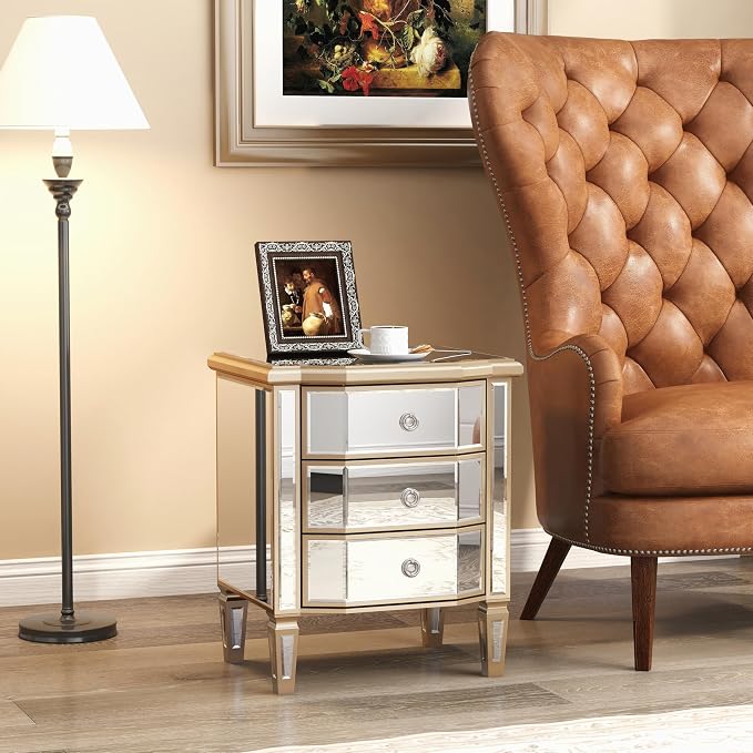 SHYFOY Mirrored Gold Nightstand with 3 Drawers, Antique Bed Side Table Night Stand, Mirror Finished Modern Accent Bedside Table, Glass Nightstand for Bedroom Living Room - Image 3