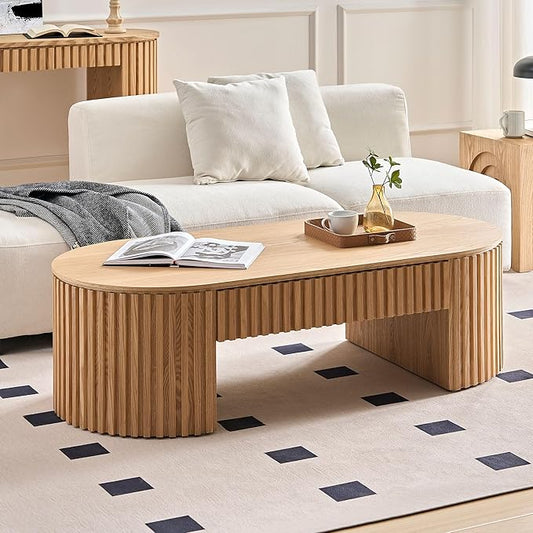 51.18'' Oval Coffee Table for Living Room Fluted Center Table with Drawer, Mid Century Modern Coffee Tables, Easy Assembly for Office Storage Tea Table Oak