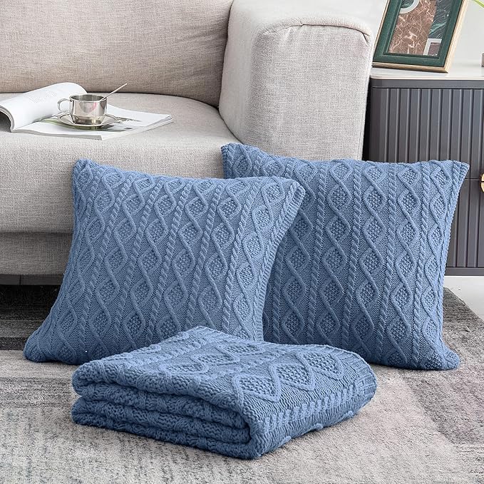 Homiest Cable Knit Throw Blanket and Pillow Set, Grayish Blue Throw Blanket Set of 3, Knitted Throw Blanket (50"x60") & 2 Pillow Covers (18"x18"), Soft & Cozy Decorative for Couch Sofa Bed
