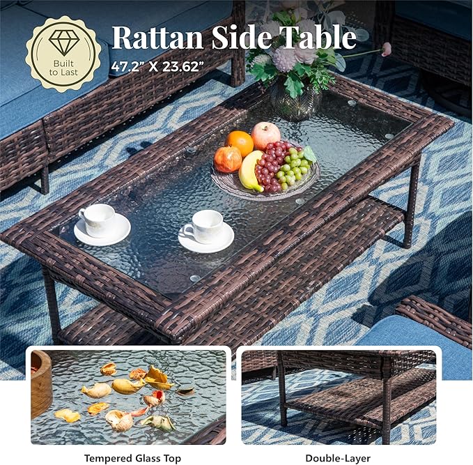 4-Piece Wicker Patio Furniture Set with Swivel Chairs, High Back Outdoor Sofa with 5.5-inch Thick Cushion, All-Weather Wicker Patio Conversation Set for Deck Yard Pool, Navy Blue