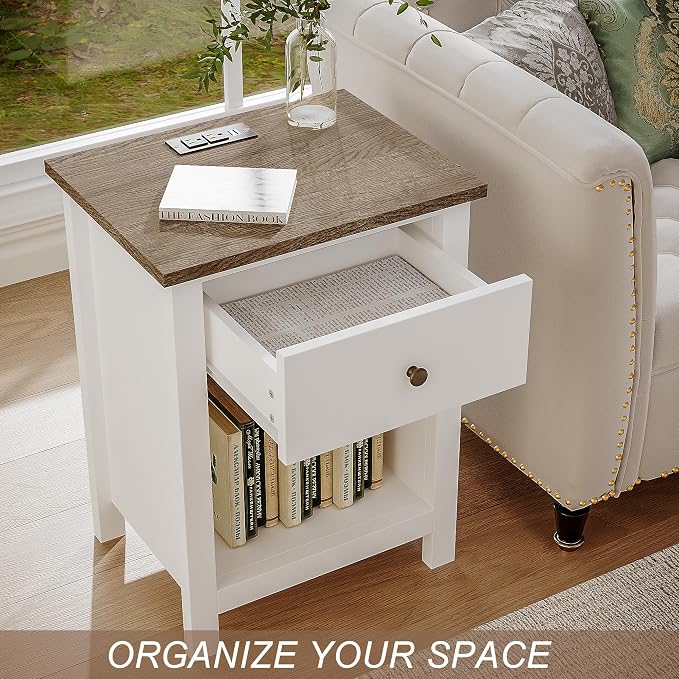 ChooChoo Farmhouse Nightstand with Charging Station, Wooden Top Bedside End Table with Drawer and Storage Space for Bedroom, White - Image 4