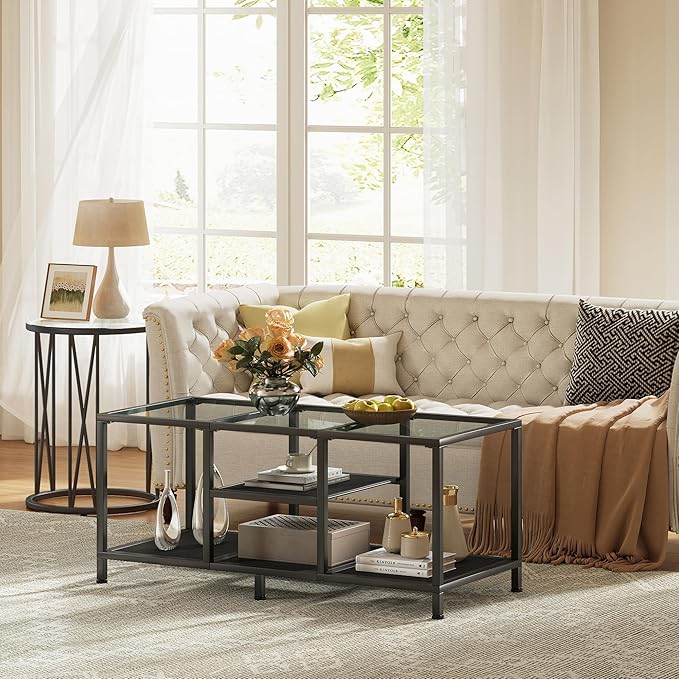 Glass Coffee Table, Coffee Tables for Living Room, Small Center Table, Modern Coffee Table with Open Storge&Metal Frame, Rectangular Coffee Tables for Small Space, Home Office, Black