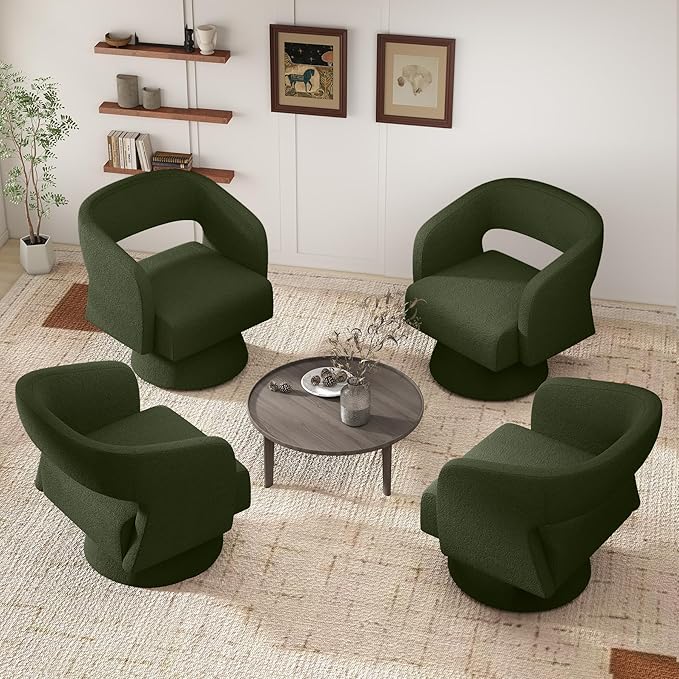 Nebuaegis Swivel Accent Chair Set of 4, Modern Comfy Teddy Barrel Chairs, Oversized Upholstered Round Arm Chair for Living Room, Bedroom, Reading Room, Green