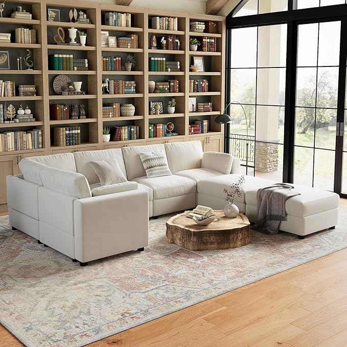 GarveeHome 138" Modular Sectional Sofa, 7 Seater Sectional Couch, U Shaped Sofa with Ottoman, Oversized Convertible Modular Couch for Living Room Apartment Office, Chenille Beige