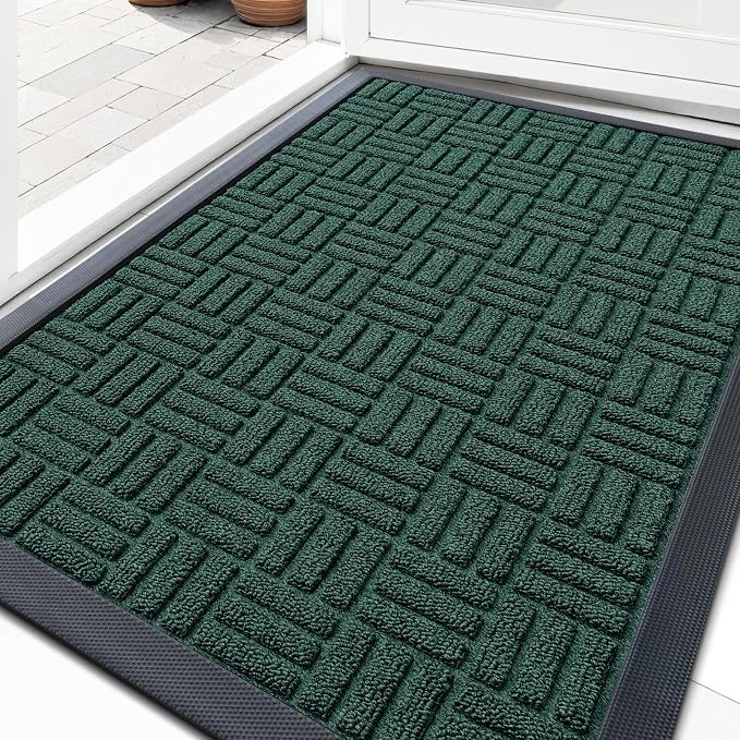 OLANLY Front Door Mat Outside Entrance 33x21, Absorbent, Heavy Duty Sturdy Natural Rubber Doormat Indoor Outdoor, Non-Slip, Stain and Fade Resistant, Low Profile Floor Mat for Entryway, Black Green by OLANLY