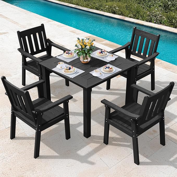 YEFU HIPS Patio Table Set: 5 Piece Outdoor Square Table and Chairs with Metal Aluminum Frame - Black Modern Plastic Patio Dining Furniture Set 4 Person for Outside Deck by YEFU