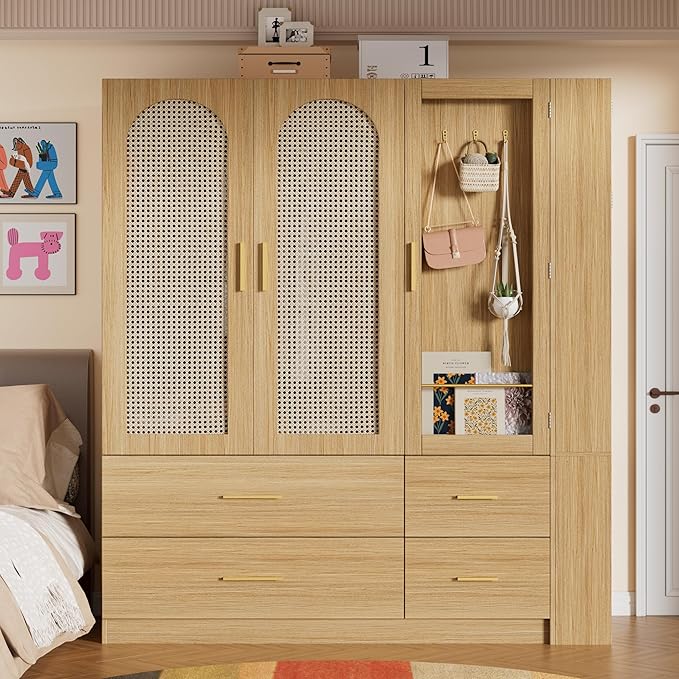 PAKASEPT 3 Doors Armoire Wardrobe Closet with Rattan,71'' Tall Freestanding Wooden Wardrobe Storage Cabinet for Bedroom with Hanging Rod,LED Vanity Mirror,Drawers,Clothes Hook,Open Shelves,Natural