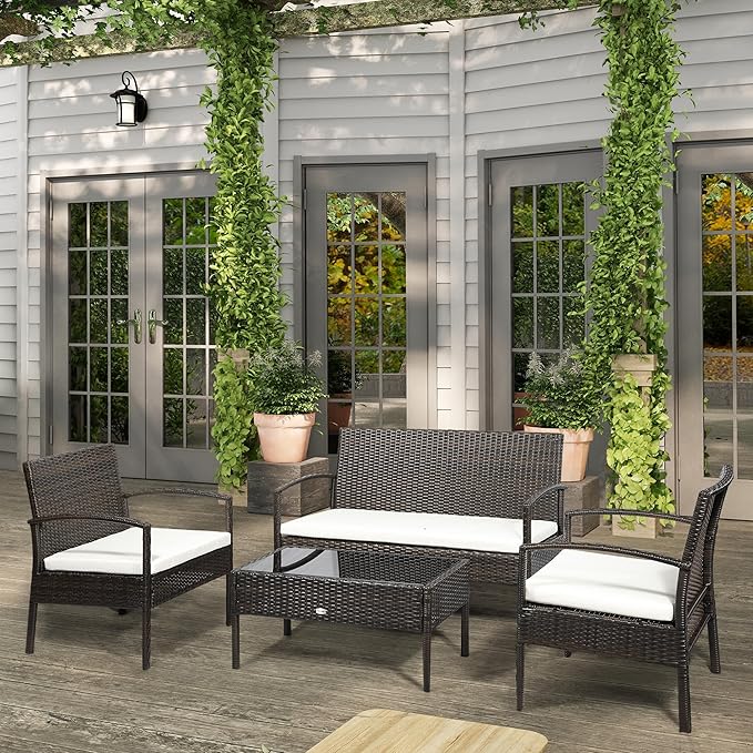 Outsunny Patio Furniture Set, 4 Piece Indoor Outdoor PE Wicker Conversation Set with Chairs, Loveseat Sofa, Cushions, Glass Table for Backyard, Sunroom, Pool, Garden, Brown