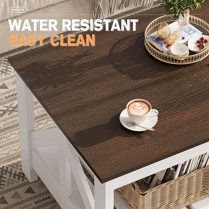 YESHOMY Farmhouse Coffee Table, Coffee Tables for Living Room, Farmhouse Square Coffee Table with Storage, Couch Table, Small Tables for Small Spaces, Brown and White