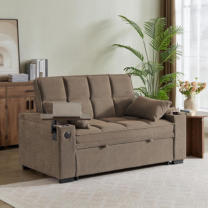 Eafurn Convertible Sleeper Sofa Bed with 360° Swivel Table & USB Ports, Tufted Chenille Loveseat Pull-Out Couch with Storage Armrest & Cup Holders, 6-Level Adjustable Backrest