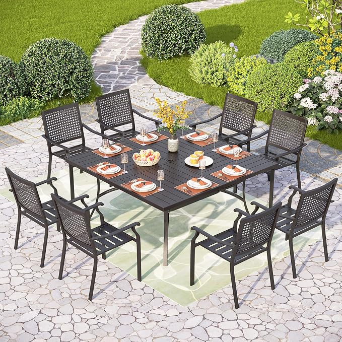 PHI VILLA Large Outdoor Square Dining Table for 8, 60" Metal Steel Slat Table with Umbrella Hole, Weather-Resistant Dining Fruniture for Patio, Deck, Backyard, Porch - Black - Image 2