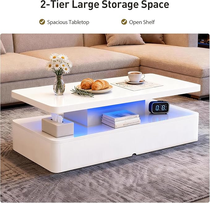 40" Modern Coffee Table with 16 Colors LED Lights, 2 Tier Rectangular Center Table with Large Storage Space, Stylish High Glossy Wooden Tea Tables for Living Room, Bedroom, Home Office, White