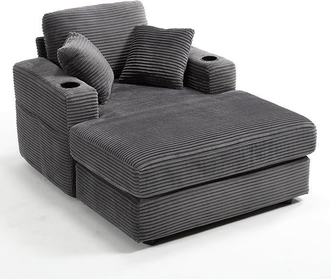 KEIKI Oversized Accent Chair with Ottoman, Chaise Lounge Chair Indoor with Cupholders, Oversized Sofa Bed, Deep Seat Sleeper Couch Reading Chairs for Living Room, Gray