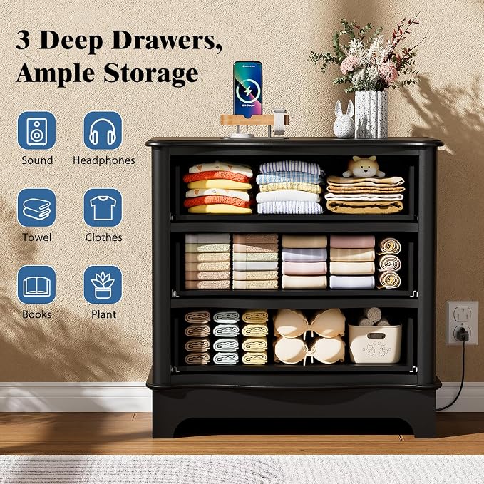 3 Drawers Dresser for Bedroom with Charging Station, 28" Wide Small Chests of Drawers, Farmhouse Wood Nightstand Bedside Cabinet End Table for Bedroom, Living Room, Closet, Black - Image 3