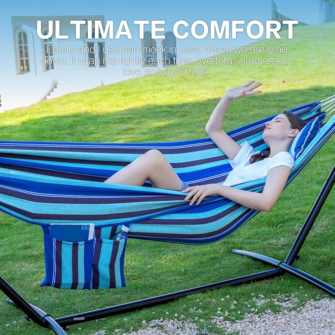 PNAEUT Double Hammocks with Stand for Outside, Portable Space Saving Heavy-Duty Steel Stand for Indoor Outdoor Patio with Carrying Bag, 450 lbs Capacity (Blue Lagoon) - Image 3