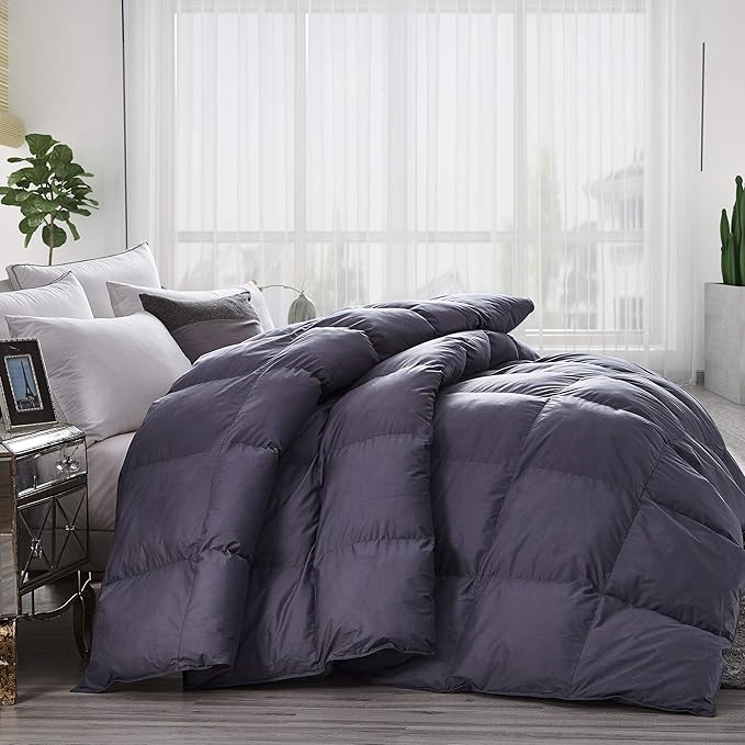 Luxurious All-Season Goose Down Comforter Queen Size Duvet Insert, Classic Gray, Premium Baffle Box, 1200 Thread Count 100% Egyptian Cotton Cover, Hypoallergenic, 55 oz Fill Weight (Queen, Gray)