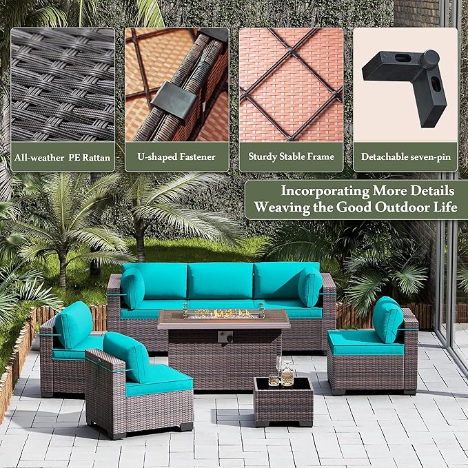 10 Pieces Outdoor Patio Furniture Set,Outdoor Sectional Furniture with 43" 55000 BTU Gas Propane Fire Pit Table,All Weather PE Rattan Wicker Patio Conversation Set,Turquoise Blue