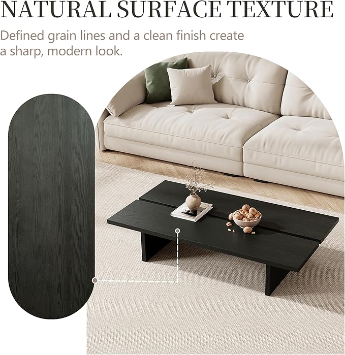 47.2" Modern Coffee Table for Living Room, Black Coffee Table Wood Living Room Table Rectangular Center Table Tea Table for Home Office
