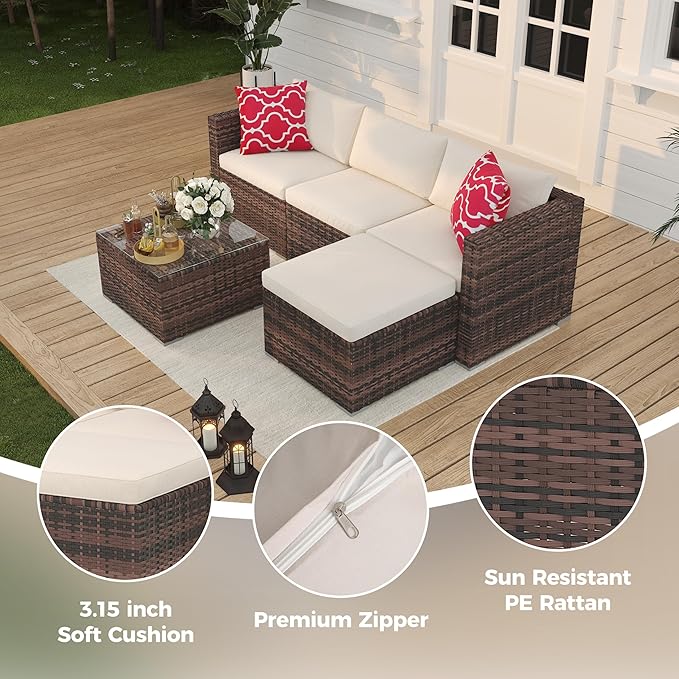 Garvee 5 Pieces Patio Furniture Set, Outdoor Glass Table and Cushions with Rattan Wicker Chairs, Patio Furniture Set for Porch, Balcony, Backyard, Garden, Brown & Beige