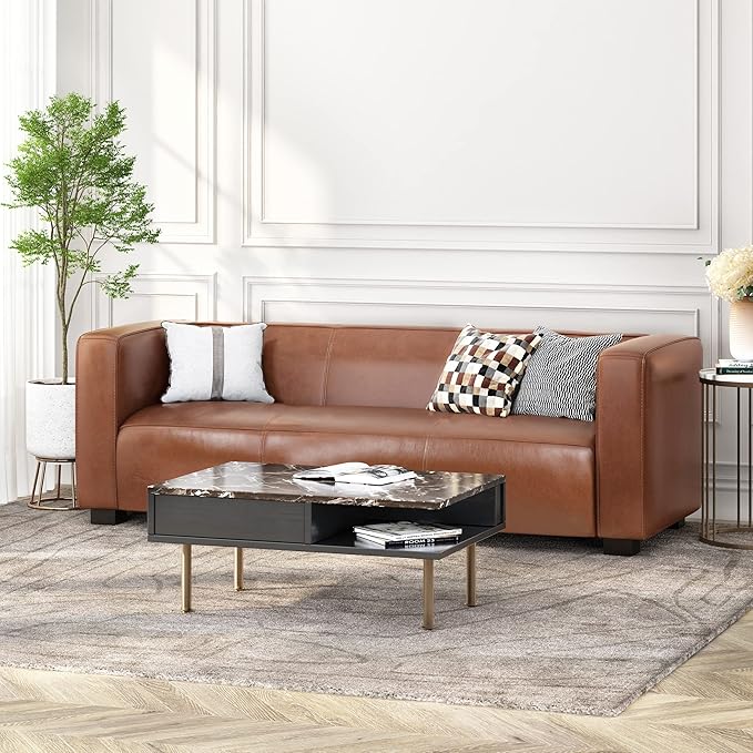 Goyette 3 Seater Sofa - Faux Leather - Cognac Brown/Dark Walnut