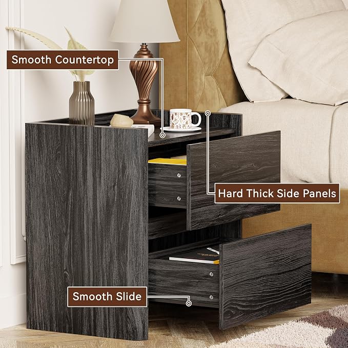Nightstand with 2 Storage Drawer, Modern End Table for Bedroom with Cut-Out Handle, Large Night Stands for Bedroom, Home Office, Set of 2, Dark Grey - Image 4