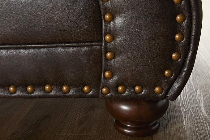 Leinster Faux Leather Sofa and Loveseat with Antique Bronze Nailheads in Espresso