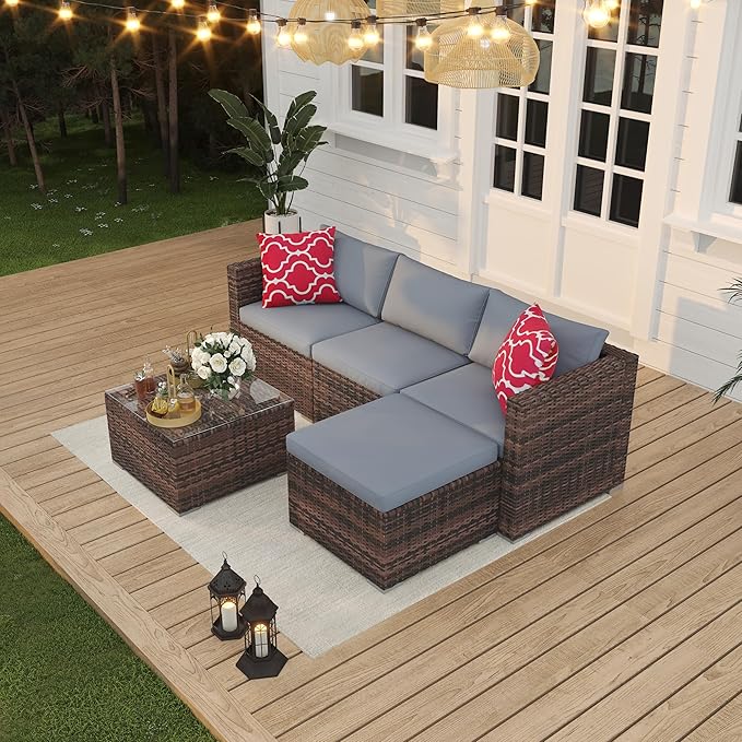 Garvee 5 Pieces Patio Furniture Set, Outdoor Glass Table and Cushions with Rattan Wicker Chairs, Patio Furniture Set for Porch, Balcony, Backyard, Garden, Brown & Grey