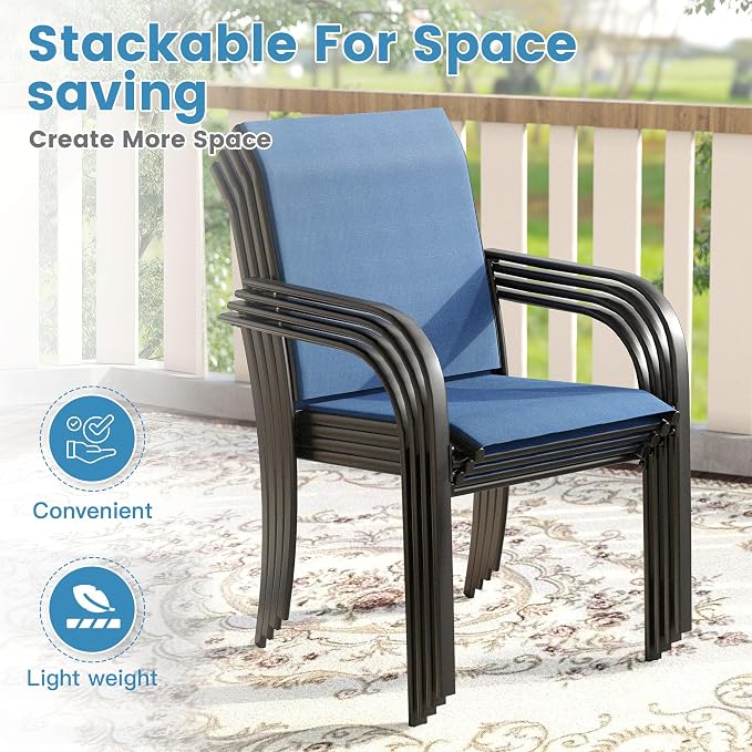 DIFY Outdoor Dining Set for 4, Patio Dining Furniture Set Includes 42" Black Round Table with Adjustable Umbrella Hole and 4 Blue Stackable Metal Chairs for Poolside, Garden, Backyard - Image 6