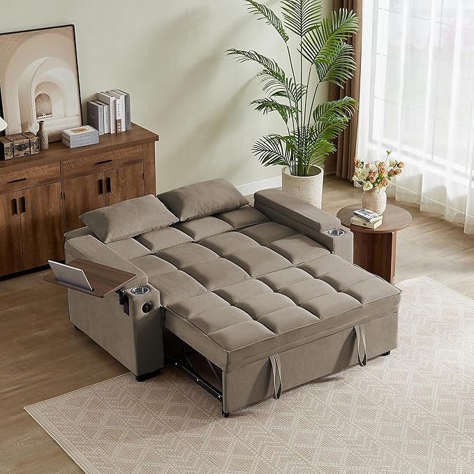 Eafurn Convertible Sleeper Sofa Bed with 360° Swivel Table & USB Ports, Tufted Chenille Loveseat Pull-Out Couch with Storage Armrest & Cup Holders, 6-Level Adjustable Backrest