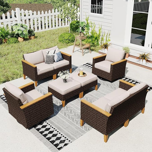 Sophia & William Patio Furniture Set with Swivel Chairs, 8 Piece Outdoor Wicker Sectional Furniture Modular Sofa Couch, Conversation Set for Deck Backyard Lawn, Beige