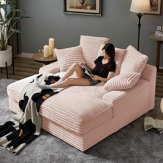 63.77" Oversized Chaise Lounge Sofa Cozy Cloud Couch, Modern Fluffy Corduroy Upholstered Sleeper Love Seat Daybed Sofabed with 5 Throw Pillows and Wide Armrest for Living Room Apartment