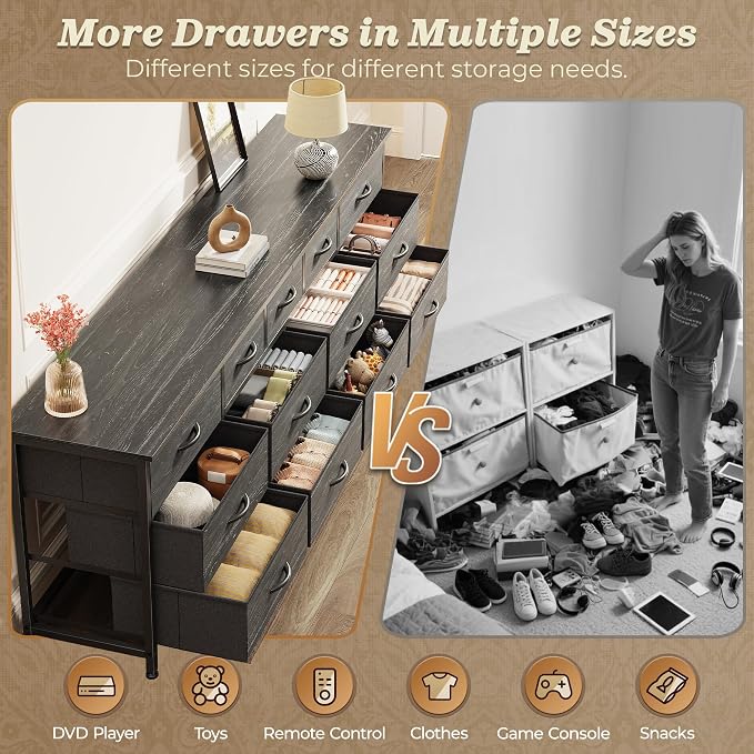 Huuger 70 Inch Dresser for Bedroom, TV Stand for 65, 75, 80 Inch TV, 13 Fabric Drawer Long Dresser, Large Entertainment Center for Bedroom, Wide Chest of Drawer with Storage, Charcoal Black - Image 8