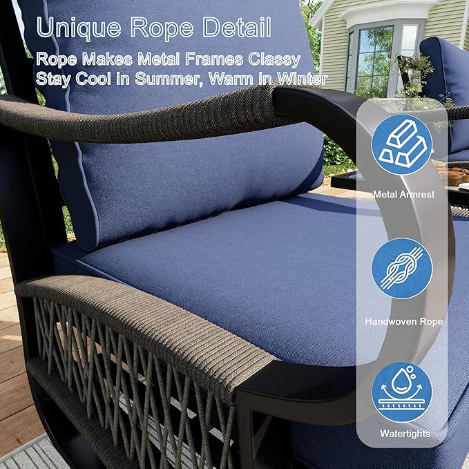 6 Pieces Modern Patio Furniture Set, All Weather Metal Outdoor Conversation Sets with Fire Pit Table for Backyard Garden Deck Porch Poolside, Blue