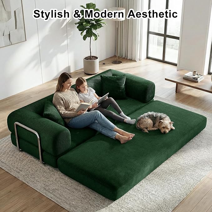 78 Inch Folding Convertible Sofa Bed, 4-in-1 Oversized Cloud Corduroy Upholstered Boneless Couch, Loveseat Sleeper with Pull Out Bed, Modular Futon Floor Sofa Couch for Living Room Bedroom Lounge