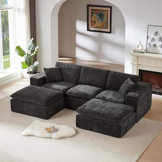 Cloud Modular Sectional Couches Boneless Sofa for Living Room, Oversized U Shaped Floor Couch with Movable Ottomans, Memory Foam Compressed 4 Seater Sofa for Bedroom Apartment | Plush, Wider Armrest, Free Combination