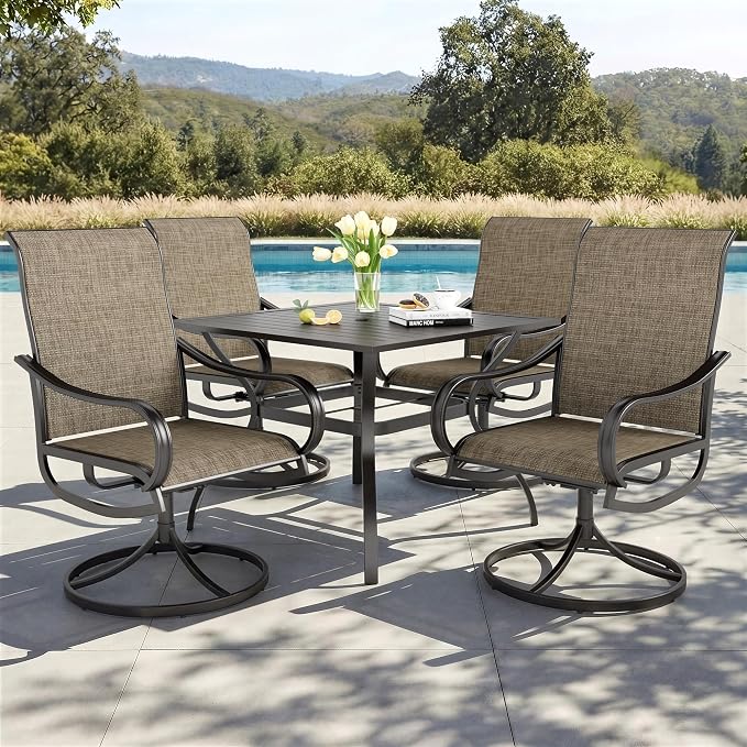 PHI VILLA 5 Piece Patio Dining Set Clearance with 4 Swivel Dining Chairs & 1 Square Metal Dining Table with 1.57 inches Hole, for Outdoor Kitchen Lawn & Garden Black Coated by PHIVILLA