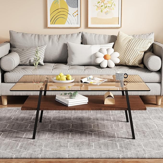 IANIYA Glass Coffee Table for Living Room Small Gold Mid Century Coffee Table for Living Room with Wood Shelves (Black Frame, Brown Glass + Brown Wood)