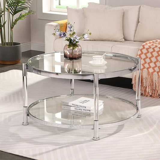 32" Tempered Glass Round Coffee Table Modern Chrome Frame Acrylic Legs Circle Living Room Center Tables