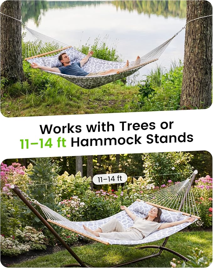 ANAGOO Double Quilted Outdoor Hammock for 2 Adults, 500lb Capacity Backyard & Camping Hammock with Pillow and Bamboo Spreader Bar, Fits 11–15ft Hammock Stands (Stand Not Included),Light Gray - Image 3