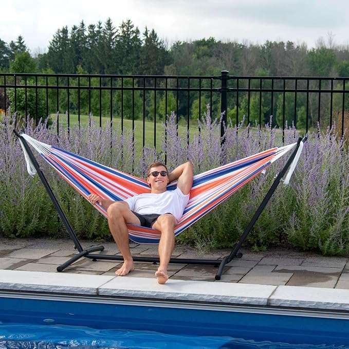 Vivere Double Cotton Hammock with Space Saving Steel Stand, Upgraded Polyester End Strings 450 lb Capacity - Premium Carry Bag Included - USA Grown Cotton (Orange Punch) - Image 4