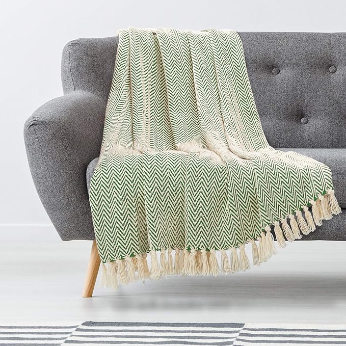 Americanflat 50x60 Throw Blanket - Soft and Breathable Cotton Throw Blanket for Couch, Bed, Chair - Decorative Blankets Perfect for Home, Office, or Outdoor Use - Sage and Beige Herringbone Design